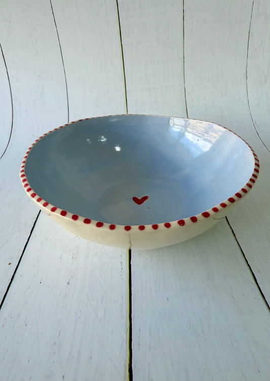 Blue bowl with red love heart